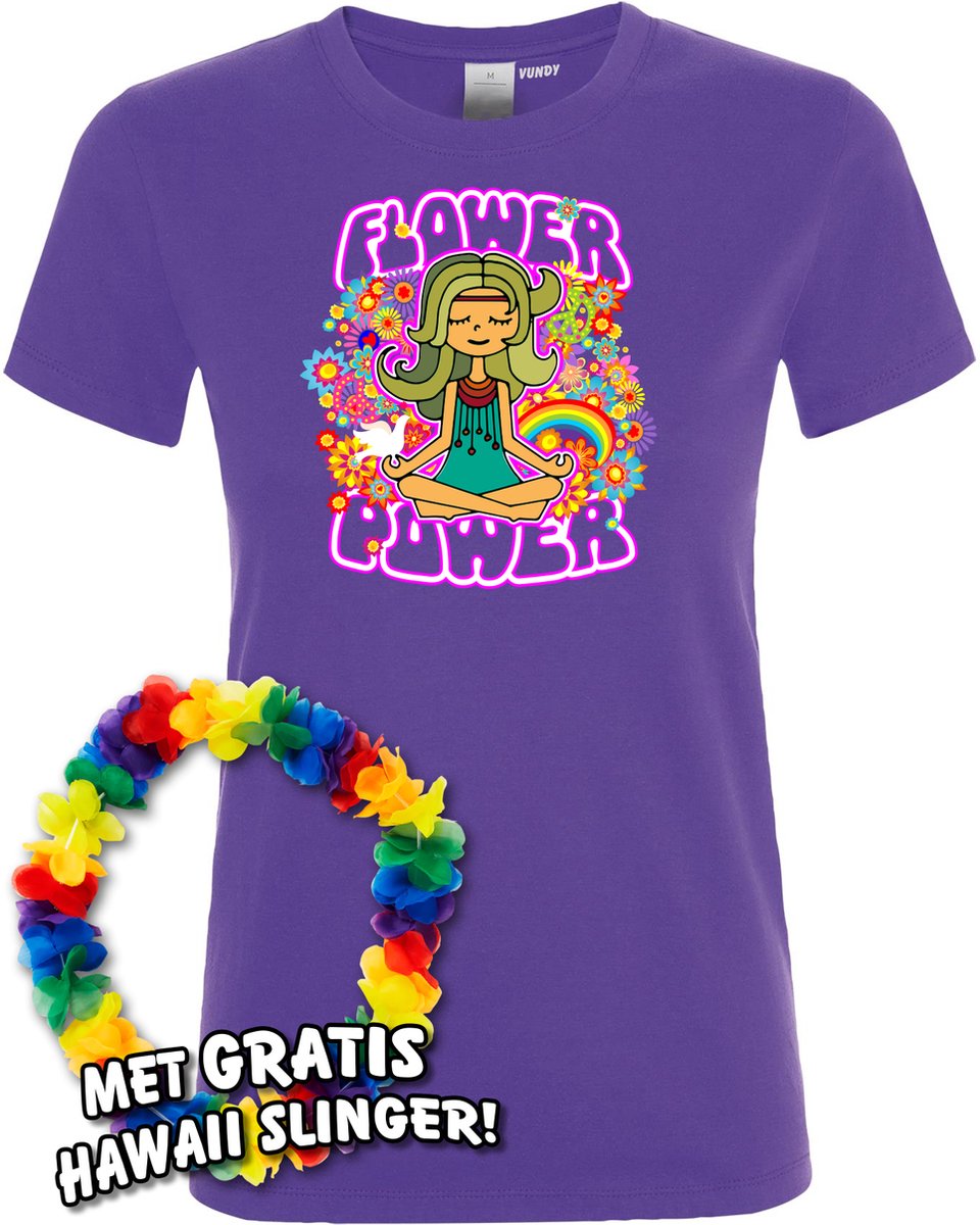 Dames t-shirt Hippie Girl Meditation Flower Power | Toppers in Concert 2022 | Toppers Kleding Shirt | Happy Together | Hippie Jaren 60 | Paars dames | maat L